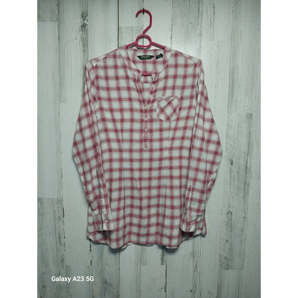Eddie Bauer Women's Medium Collarless Red Plaid Shirt